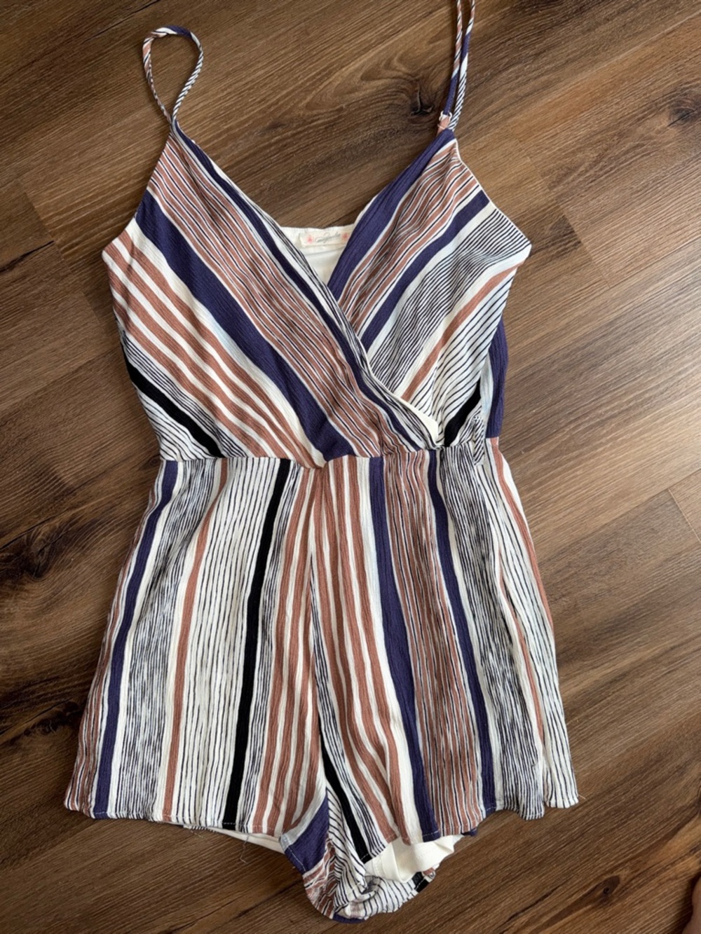 Magnolia Striped Wrap Romper in Navy, Rust & White
